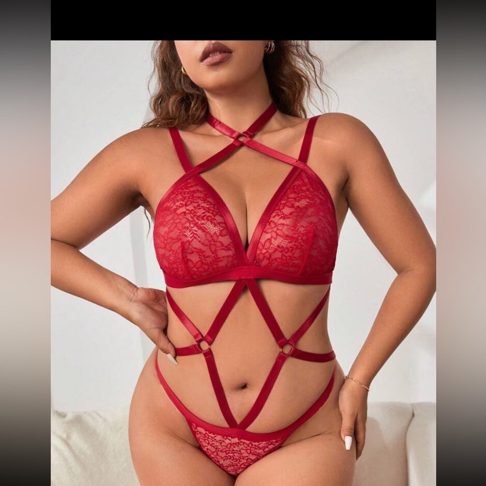 Plus Floral Lace Ring Linked Harness bodysuit adjustable 2x Xmas!!